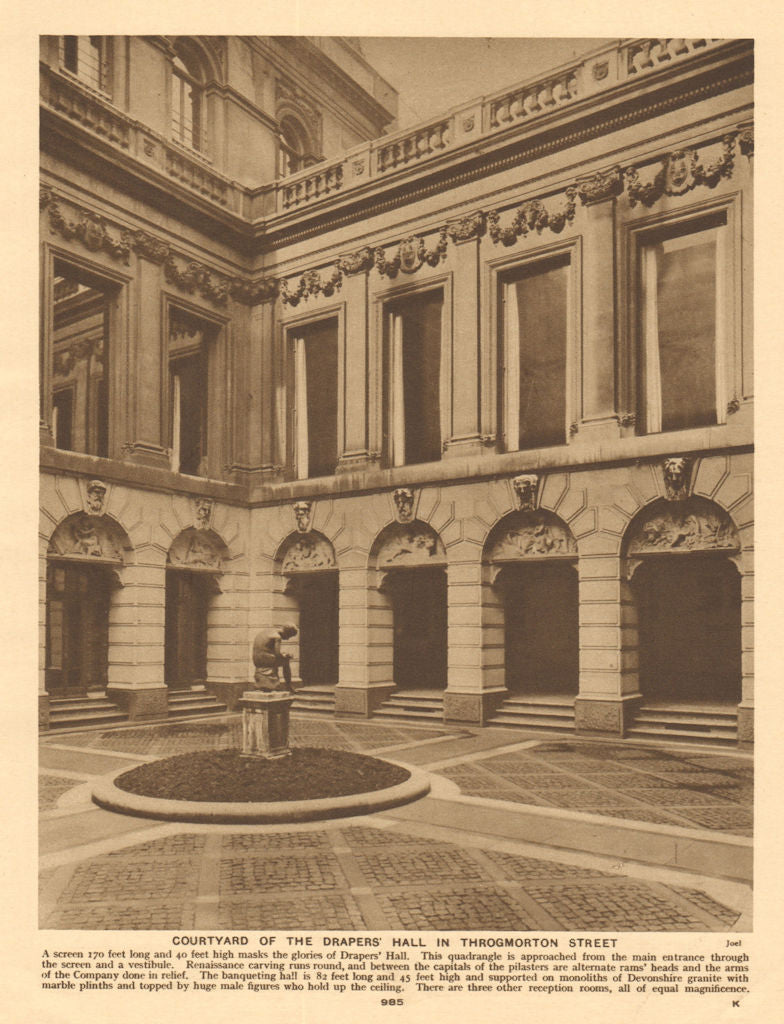 Courtyard of the Drapers' Hall in Throgmorton Street 1926 old vintage print